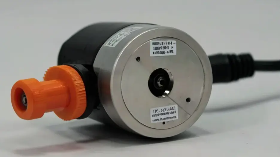 Encoder industrial com conector laranja e cabo, em close